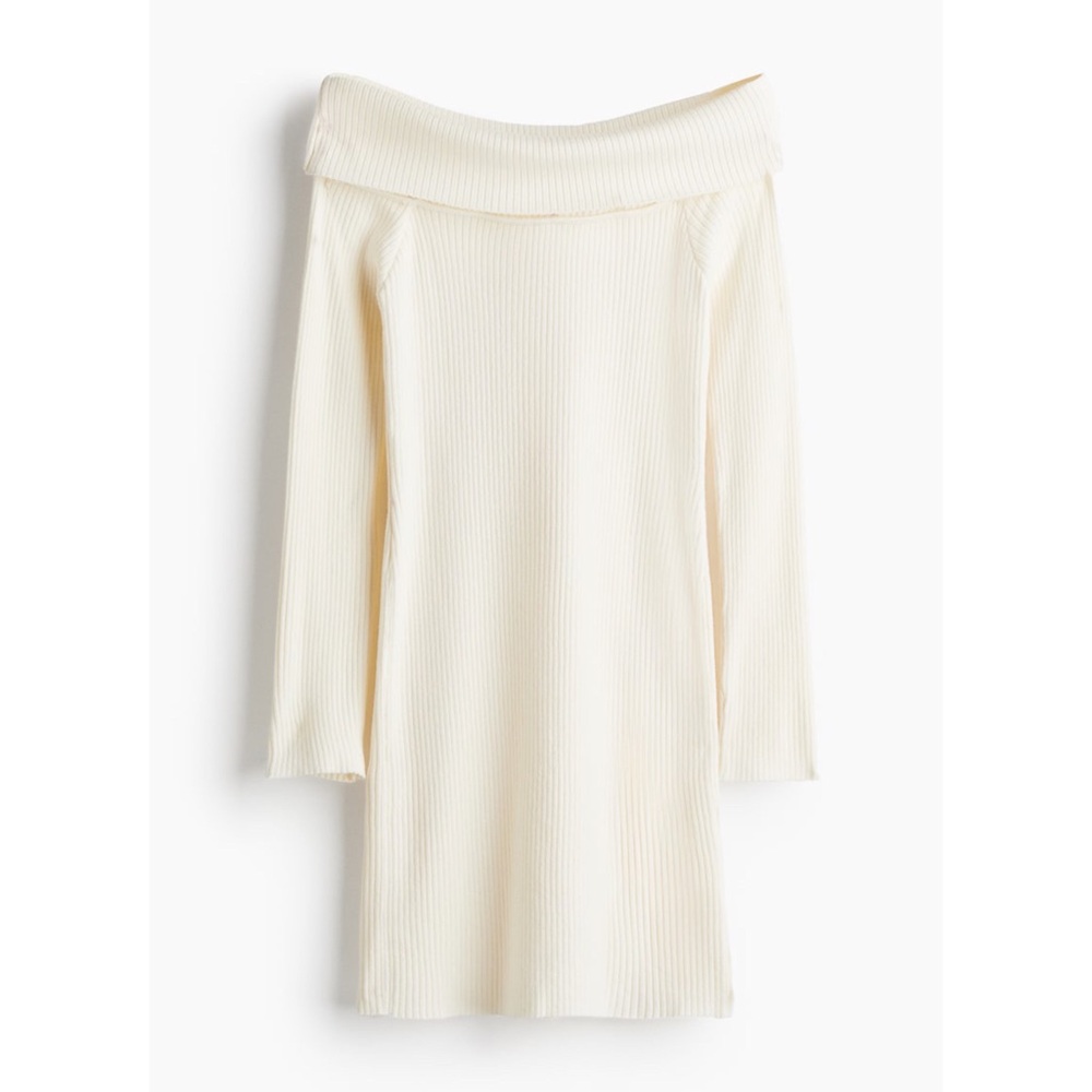 NWT H&M Rib-Knit Off-the-Shoulder Cream Ivory Mini Bodycon Sweater Dress Size L